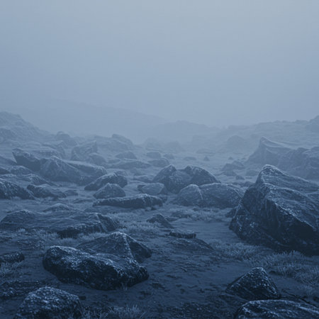 Foggy landscape with rocks in the middle of the sea.の素材