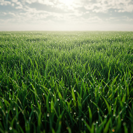 Green grass with dew drops on the field. Nature background.の素材