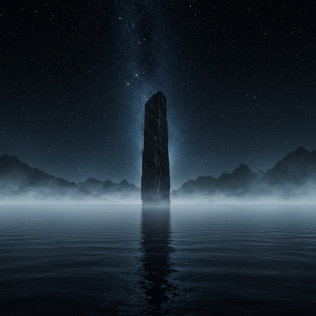 Fantasy alien planet. Mountain, lake and sky. 3D illustrationの素材