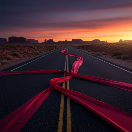 Road to Monument Valley, Utah, USA with a red ribbon at sunsetの素材