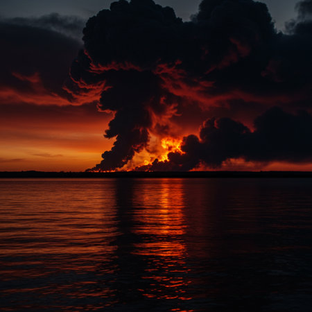 Volcanic eruption on the sea at sunset, natural landscape backgroundの素材
