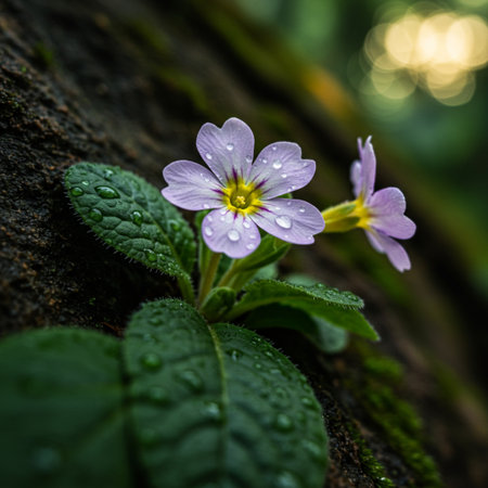 Purple primrose with dew drops on a tree trunk.の素材