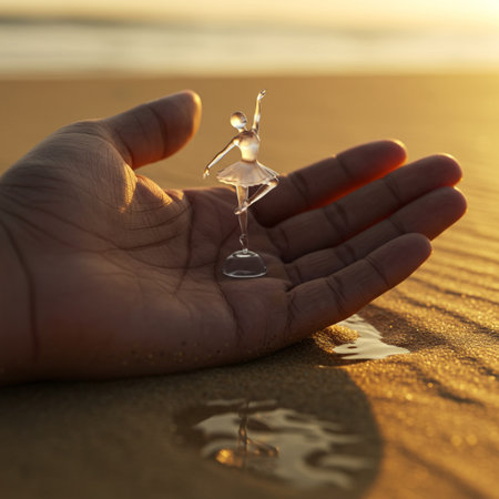 Conceptual image of a female hand holding a glass figure on the beach.の素材