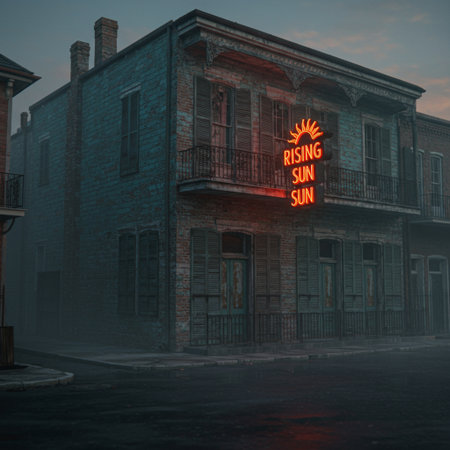 3D rendering of an old building in a foggy street.の素材