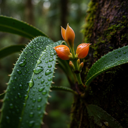Beautiful orange flower on the tree in the rainforest, Thailand.の素材
