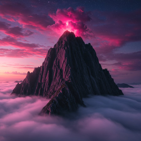 Fantasy landscape with mountain peak in the clouds. 3d illustrationの素材