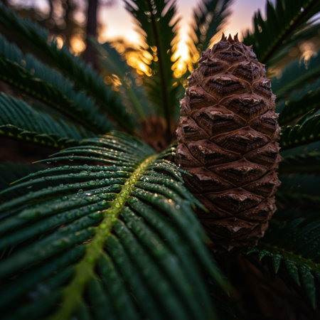 Pine cone on the background of the sunset in the forest.の素材