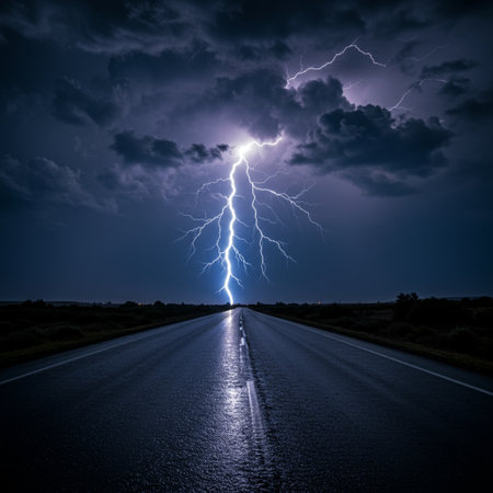 Lightning strikes the road at night, thunderstorm in the skyの素材