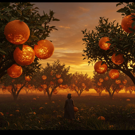 Orange orchard at sunset with a girl in the foreground, 3d renderの素材