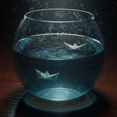 Paper boats in water in a glass bowl. Conceptual image.の素材