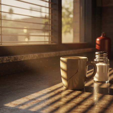 Cup of coffee on the windowsill in the morning sunlight.の素材