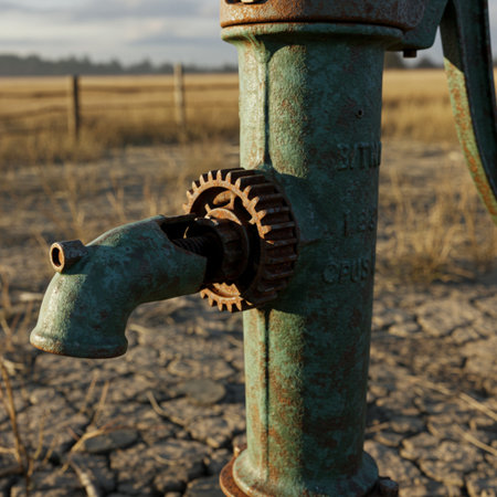 Old rusty water tap with gears and cogwheels in a fieldの素材