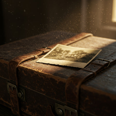 Vintage suitcase with old photos on wooden background. Travel concept.の素材