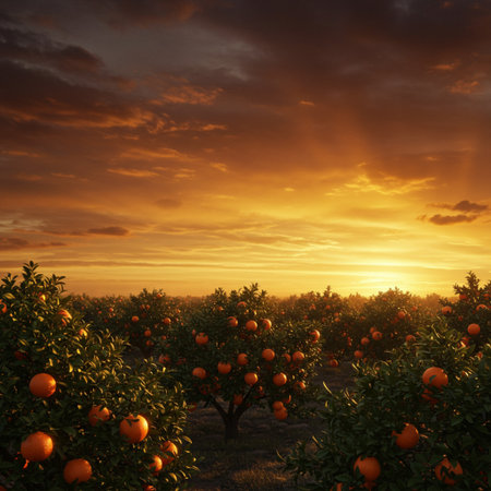 Orange grove at sunset with orange fruits in the foreground and sky with cloudsの素材