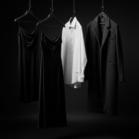 Black and white men's shirts on hangers on a black backgroundの素材