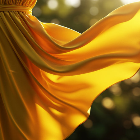 Yellow satin cloth with bokeh background, close-upの素材