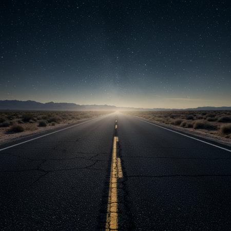 Road in the desert at night with starry sky and stars.の素材