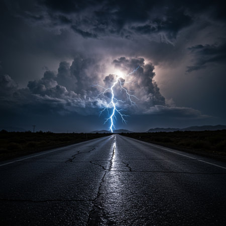 Lightning strikes the asphalt road at night in the arid landscapeの素材