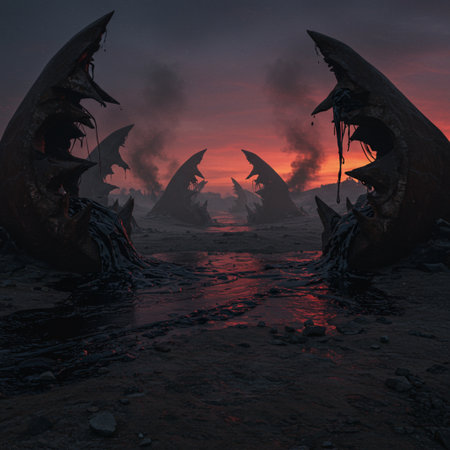Fantasy landscape with a ship wreck at sunset. 3d renderの素材