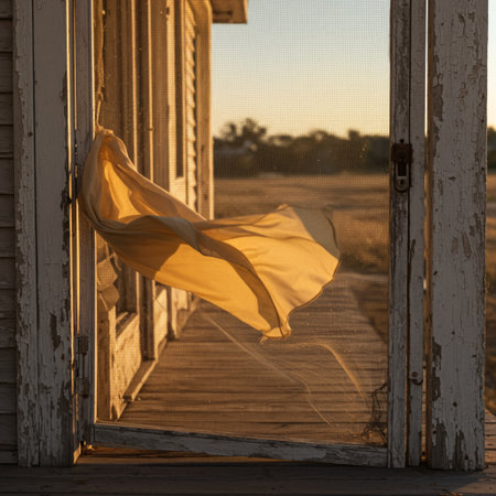 Yellow cloth hanging on the door of an old wooden house at sunsetの素材