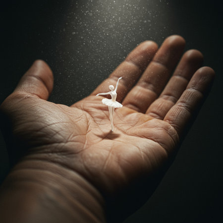 Human hand holding a small white ballerina on a dark backgroundの素材
