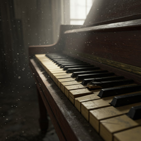 Old piano in the dark room with falling snow. Selective focus.の素材