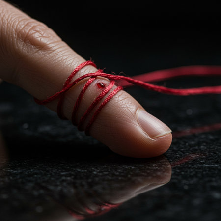 Woman's fingers tied with a red string on a black background.の素材