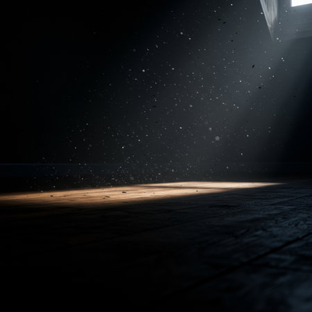 Dark room with wooden floor, lights and fog. 3d renderingの素材