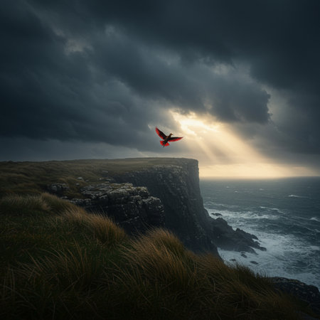 A red bird flying over a cliff on the Atlantic Ocean in Irelandの素材