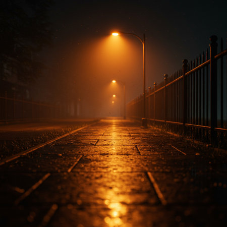 Lights on the street in the foggy night. Street lights.の素材