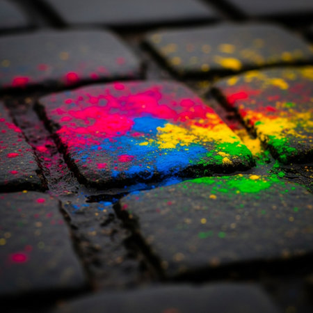 Colorful holi powder on the black pavement. Abstract background.の素材