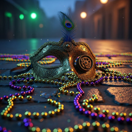 Mardi Gras mask with feathers and beads on the street.の素材