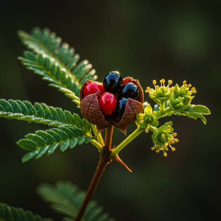 Close up of red and black berries on a branch with green leavesの素材