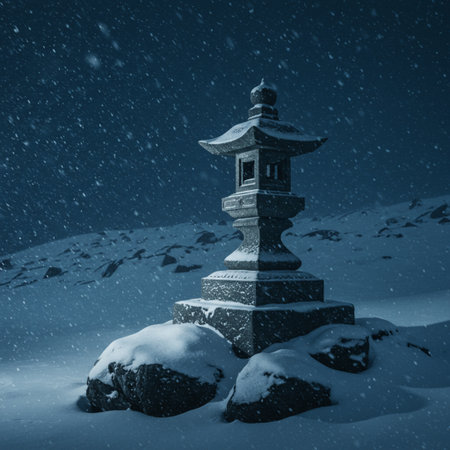 Stone pagoda in the snow, winter landscape with snowflakesの素材