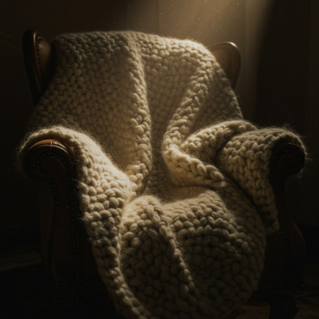 Knitted armchair with a knitted scarf. Cozy home.の素材