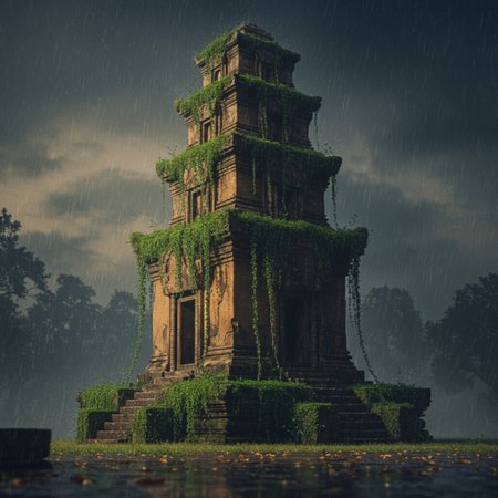 Mysterious temple in the rain. 3d rendering. Computer digital drawing.の素材