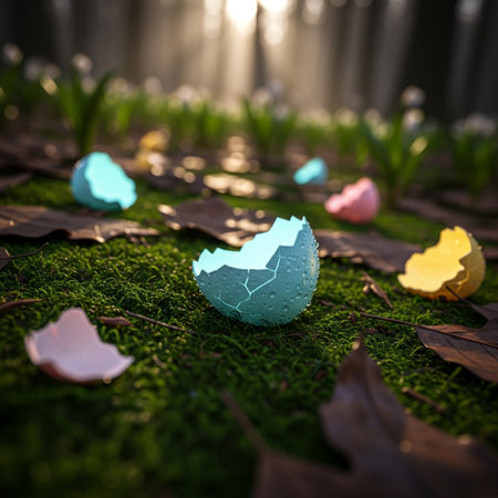 Easter egg on green moss in the morning light. Easter conceptの素材