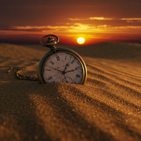 Vintage pocket watch in the desert at sunset. Time concept.の素材
