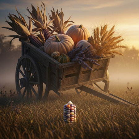 Autumn still life with pumpkins, corn and wheat in a wooden cartの素材