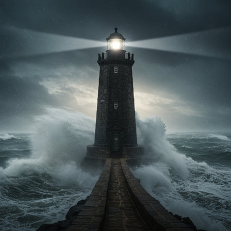 Lighthouse in the middle of a stormy sea. 3d renderingの素材