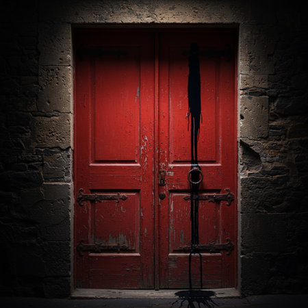 Red door with a silhouette of a man on a rope in the darkの素材