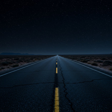 Road through the desert at night with starry sky in the backgroundの素材