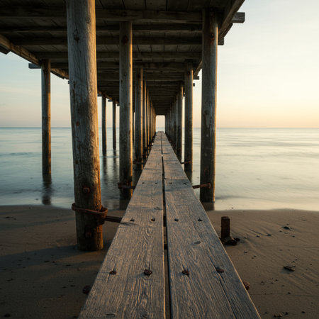 Wooden pier on the beach at sunset. Long exposure photo.の素材
