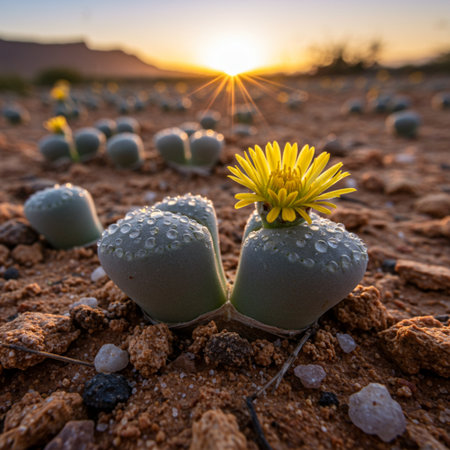 Flowering cactus in the desert at sunset, South Africaの素材