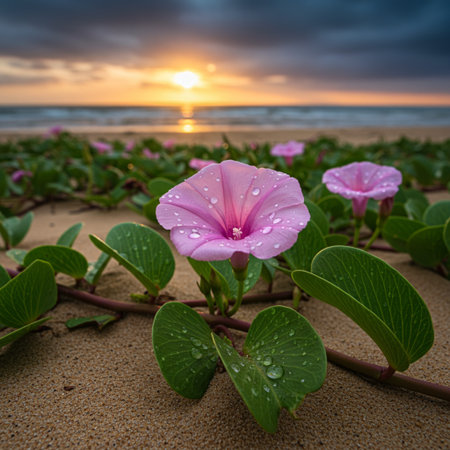 Morning glory flower on the beach at sunset. Beautiful natural background.の素材