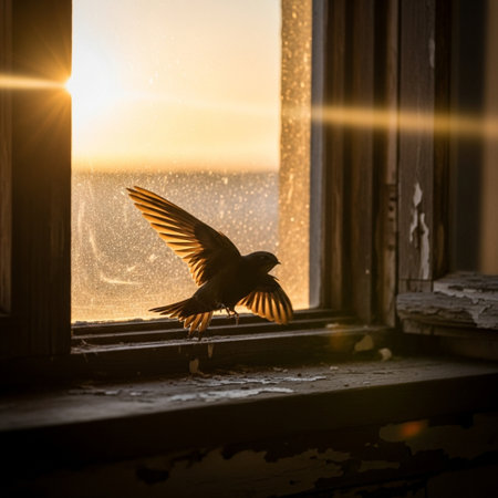 Silhouette of a swallow on a window in the rays of the setting sunの素材