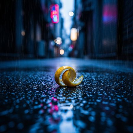Lemon in the rain on the street in New York City.の素材