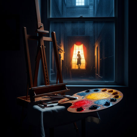 Wooden easel with palette with oil paints in the dark room.の素材