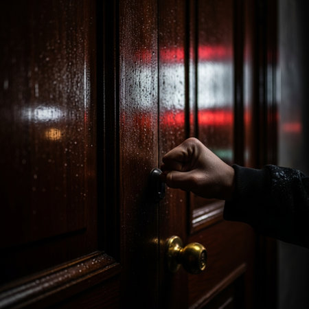 Close up of a man's hand opening a door in a dark roomの素材