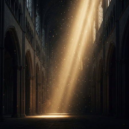 Sunlight shining through the window of an old cathedral. 3d renderingの素材